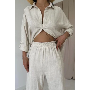 Bej Jakar Petek Gömlek Ve Pantolon Takım