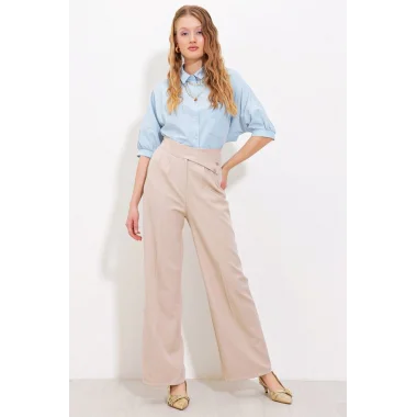 Bej Yüksek Bel Palazzo Pantolon 6646