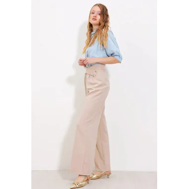 Bej Yüksek Bel Palazzo Pantolon 6646