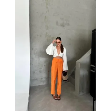 BEL LASTİK DETAYLI MODAL KUMAŞ PANTOLON - Orange