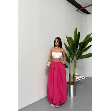 BEL LASTİKLİ BALON ETEK ŞANEL BOY SOFT KUMAŞ - Fuşya