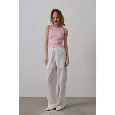 Beli Bağlamalı Brode Pantolon - Beyaz