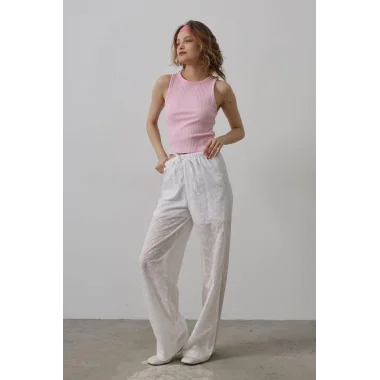 Beli Bağlamalı Brode Pantolon - Beyaz