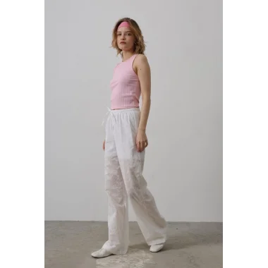 Beli Bağlamalı Brode Pantolon - Beyaz