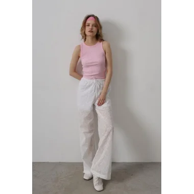 Beli Bağlamalı Brode Pantolon - Beyaz