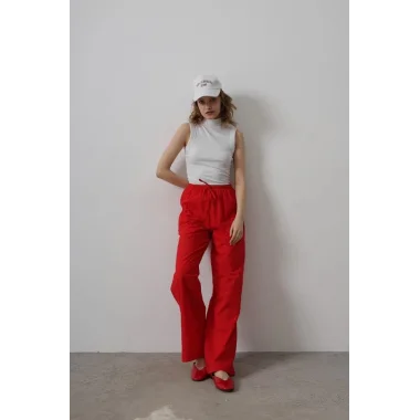 Beli Bağlamalı Brode Pantolon - Kırmızı