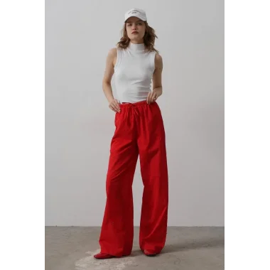 Beli Bağlamalı Brode Pantolon - Kırmızı