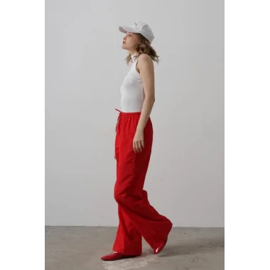 Beli Bağlamalı Brode Pantolon - Kırmızı