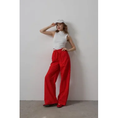 Beli Bağlamalı Brode Pantolon - Kırmızı