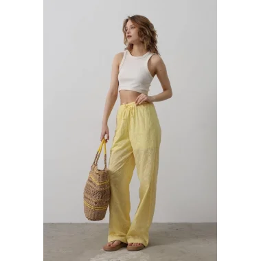 Beli Bağlamalı Brode Pantolon - Sarı
