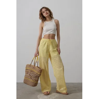 Beli Bağlamalı Brode Pantolon - Sarı
