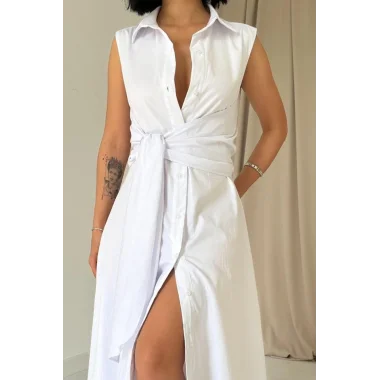 Beyaz Gömlek Yaka Bağlamalı Elbise
