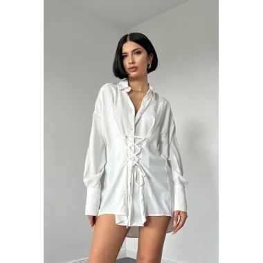 Beyaz Jesica Parçalı Bağcıklı Gömlek
