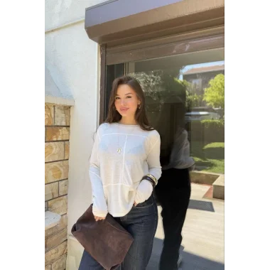 Bisiklet Yaka Uzun Kollu Bluz - Beyaz