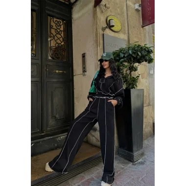 BİYELİ BLUZ PANTOLON TAKIM ŞÖNİL KUMAŞ - Siyah