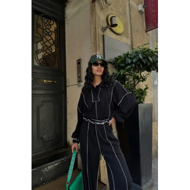 BİYELİ BLUZ PANTOLON TAKIM ŞÖNİL KUMAŞ - Siyah