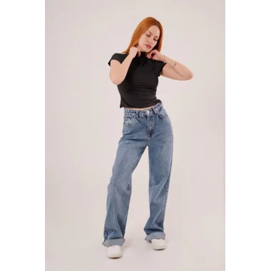 Boğazlı Parlak Kumaş Siyah Crop