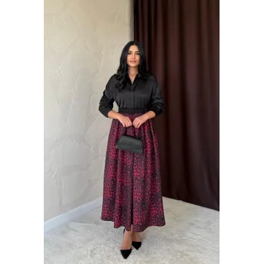 Bordo Leopar Büzgülü Uzun Etek