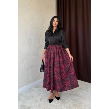 Bordo Leopar Büzgülü Uzun Etek