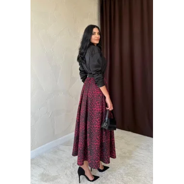 Bordo Leopar Büzgülü Uzun Etek
