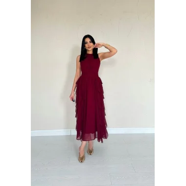 Bordo Önü Büzgülü Fırfırlı Elbise