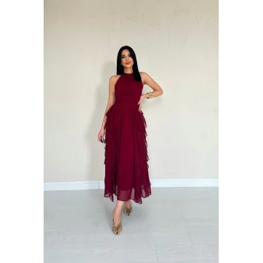 Bordo Önü Büzgülü Fırfırlı Elbise