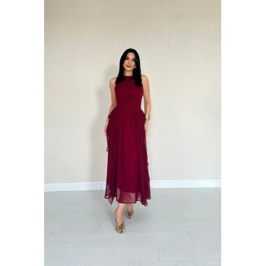 Bordo Önü Büzgülü Fırfırlı Elbise