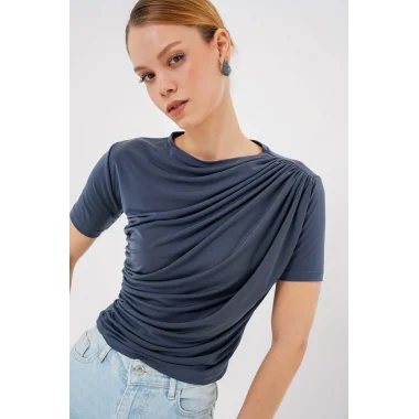 Büzgü Detaylı Kısa Kol Sandy Bluz 945 - Antrasit