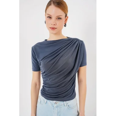 Büzgü Detaylı Kısa Kol Sandy Bluz 945 - Antrasit