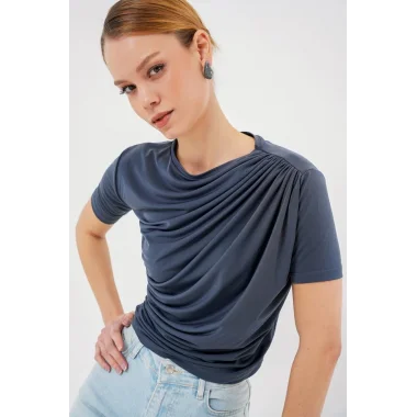 Büzgü Detaylı Kısa Kol Sandy Bluz 945 - Antrasit