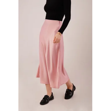 Çan Kesim Midi Pembe Saten Etek