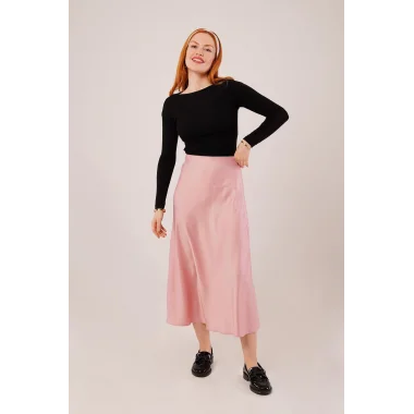 Çan Kesim Midi Pembe Saten Etek