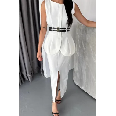 CEKET-ETEK GÖRÜNÜMLÜ ELBİSE  ÇİFT KEMER DETAYLI - Beyaz
