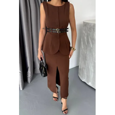 CEKET-ETEK GÖRÜNÜMLÜ ELBİSE  ÇİFT KEMER DETAYLI - Kahverengi