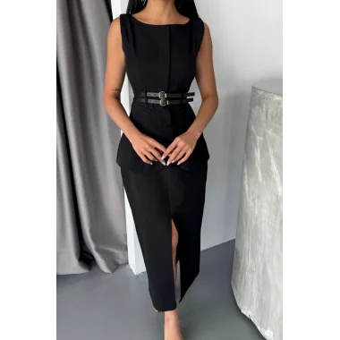 CEKET-ETEK GÖRÜNÜMLÜ ELBİSE  ÇİFT KEMER DETAYLI - Siyah