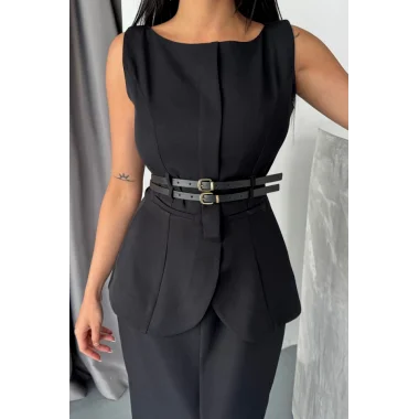 CEKET-ETEK GÖRÜNÜMLÜ ELBİSE  ÇİFT KEMER DETAYLI - Siyah