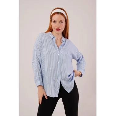 Cep Detay Çizgili Oversize Mavi Gömlek