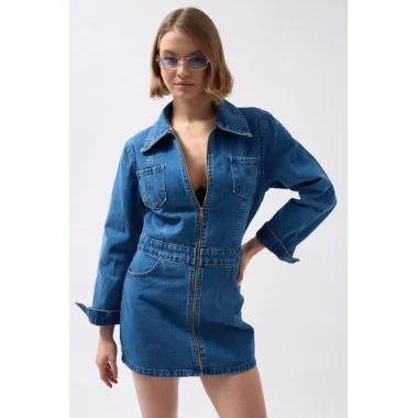 Cep Detaylı Fermuarlı Denim Elbise