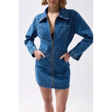 Cep Detaylı Fermuarlı Denim Elbise
