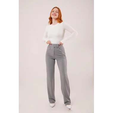 Cırt Kapama Detaylı Gri Pantolon