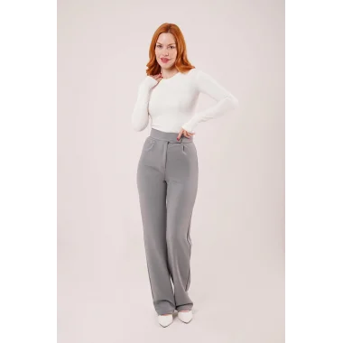 Cırt Kapama Detaylı Gri Pantolon