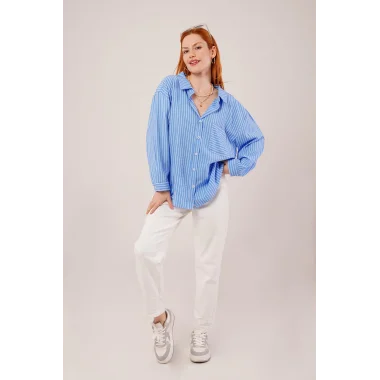 Çizgi Detaylı Cepli Mavi Gömlek