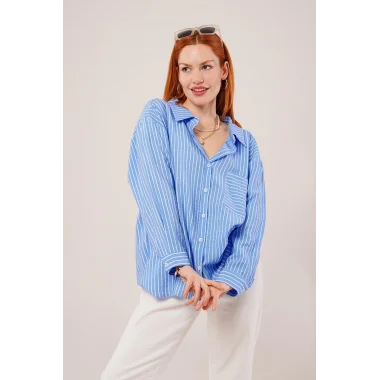 Çizgi Detaylı Cepli Mavi Gömlek