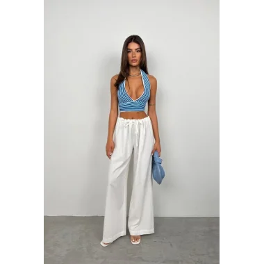 Çizgili Boyun Bağlamalı Crop