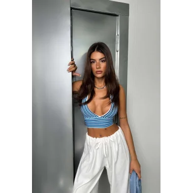 Çizgili Boyun Bağlamalı Crop