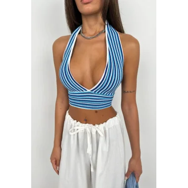 Çizgili Boyun Bağlamalı Crop