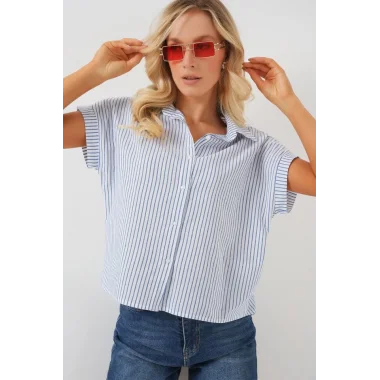 Çizgili Kısa Kol Gömlek 20324 - Mavi