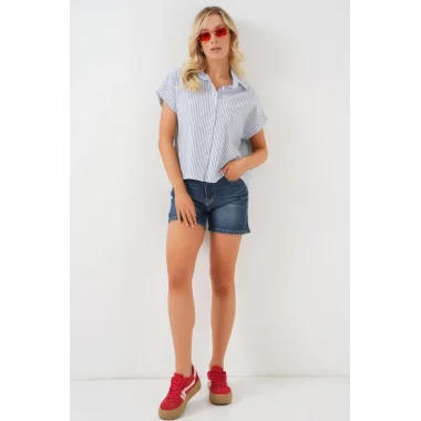 Çizgili Kısa Kol Gömlek 20324 - Mavi