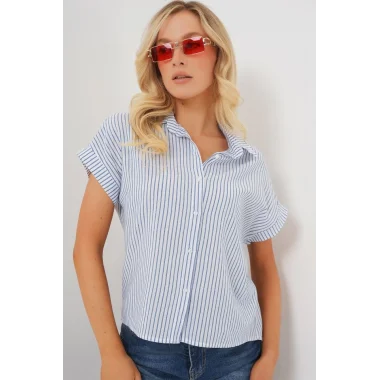 Çizgili Kısa Kol Gömlek 20324 - Mavi