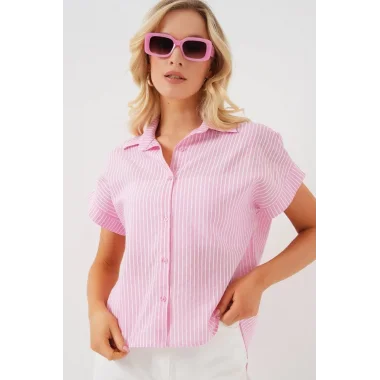 Çizgili Kısa Kol Gömlek 20324 - Pembe